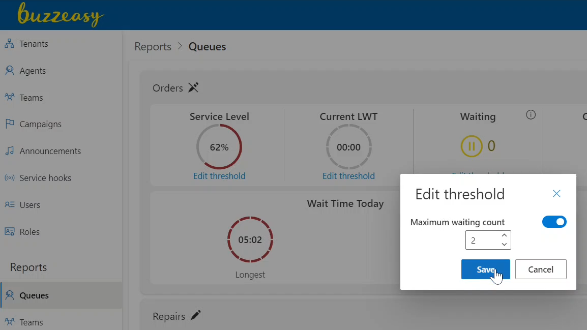 Set The Calls Waiting Data Threshold