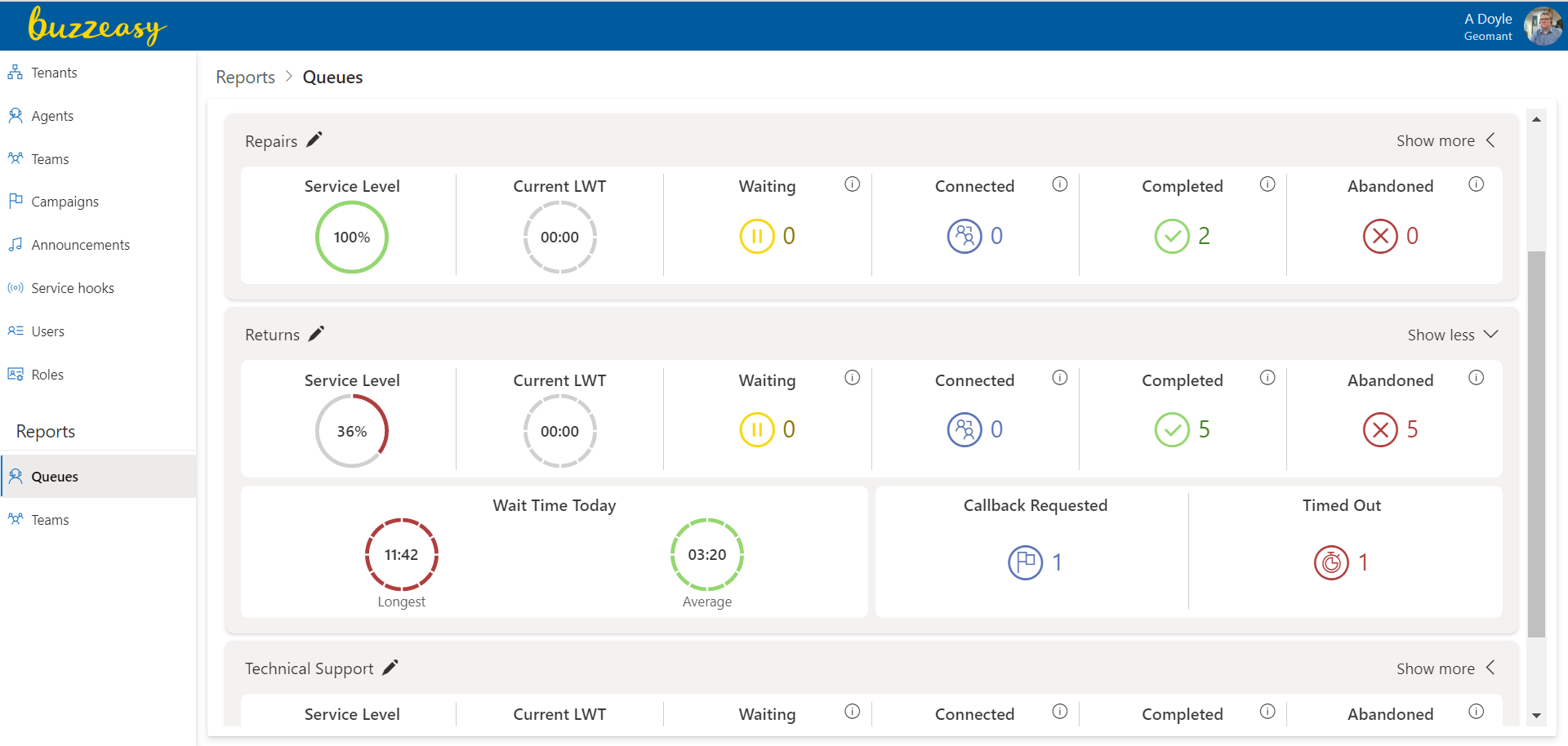 Select Queues from the Reports heading in the Portal